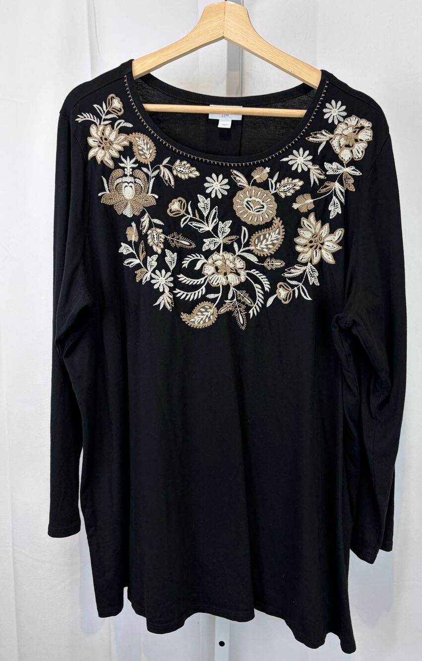 J. JILL Floral Embroidered Tunic Top 3/4 Sleeve Cotton Modal Black Size 2X Plus